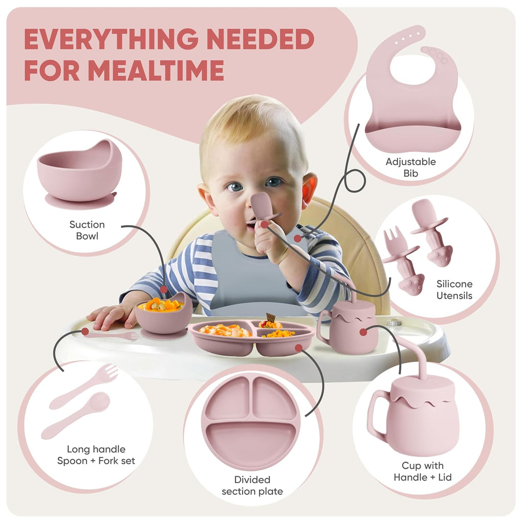 Silicone Baby Feeding Set With Suction, 10 Pcs Baby Led Weaning Supplies With Suction Bowl Divided Plate Adjustable Soft Bib Spoon Fork Snack Cup With Lid And Other Utensils, Sakaura Pink
