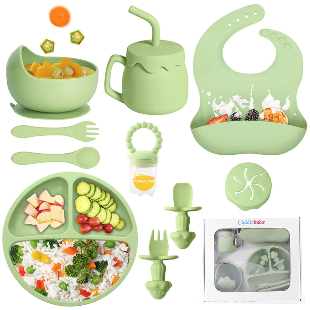 SiIicone Baby Feeding Set With Suction, 10 Pcs Baby Led Weaning Supplies With Suction Bowl Divided Plate Adjustable Soft Bib Spoon Fork Snack Cup With Lid And Other Utensils, Green