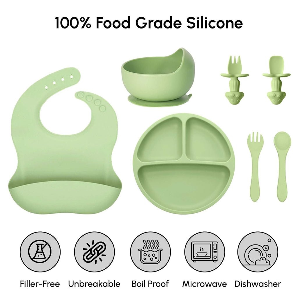 SiIicone Baby Feeding Set With Suction, 10 Pcs Baby Led Weaning Supplies With Suction Bowl Divided Plate Adjustable Soft Bib Spoon Fork Snack Cup With Lid And Other Utensils, Green