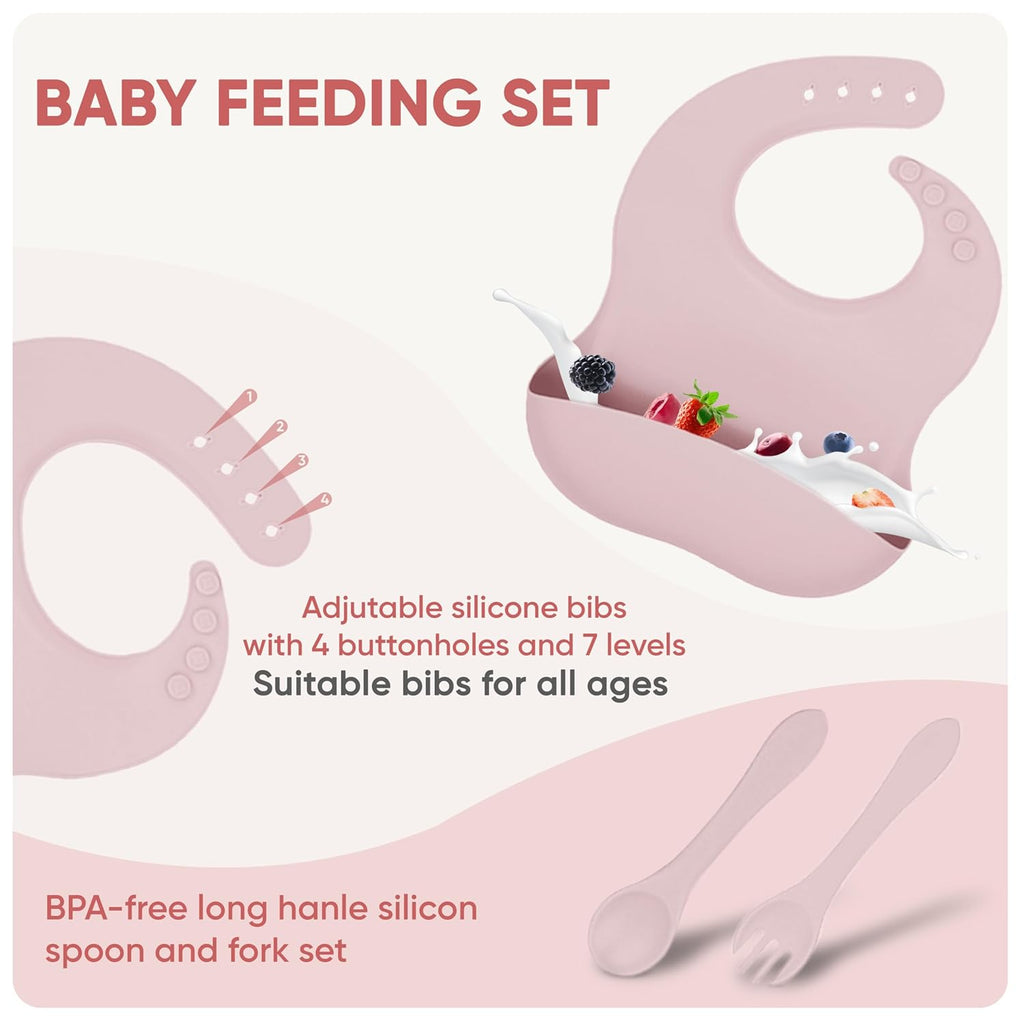 Silicone Baby Feeding Set With Suction, 10 Pcs Baby Led Weaning Supplies With Suction Bowl Divided Plate Adjustable Soft Bib Spoon Fork Snack Cup With Lid And Other Utensils, Sakaura Pink