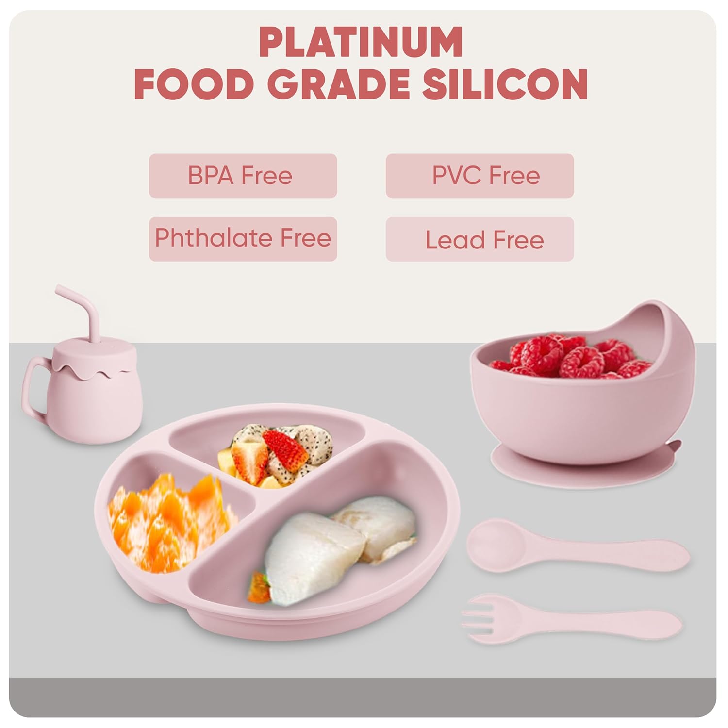 Silicone Baby Feeding Set With Suction, 10 Pcs Baby Led Weaning Supplies With Suction Bowl Divided Plate Adjustable Soft Bib Spoon Fork Snack Cup With Lid And Other Utensils, Sakaura Pink