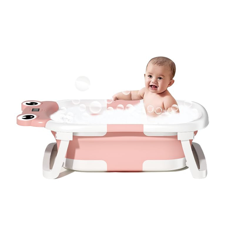 Baby Bathtub , Foldable Baby Bath Tub With Soft Floating Cushion & Thermometer , Collapsible Portable Travel Baby Bath Tub